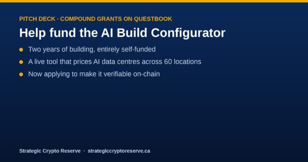 Pitch deck cover: Help fund the AI Build Configurator, a Compound Grants proposal on Questbook