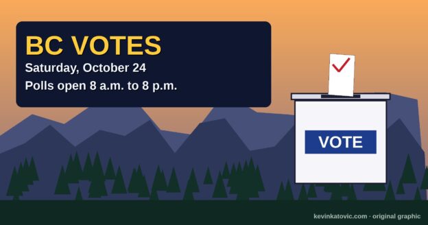 Original graphic: BC Votes, Saturday October 24, polls open 8 a.m. to 8 p.m., with a ballot box in front of BC mountains