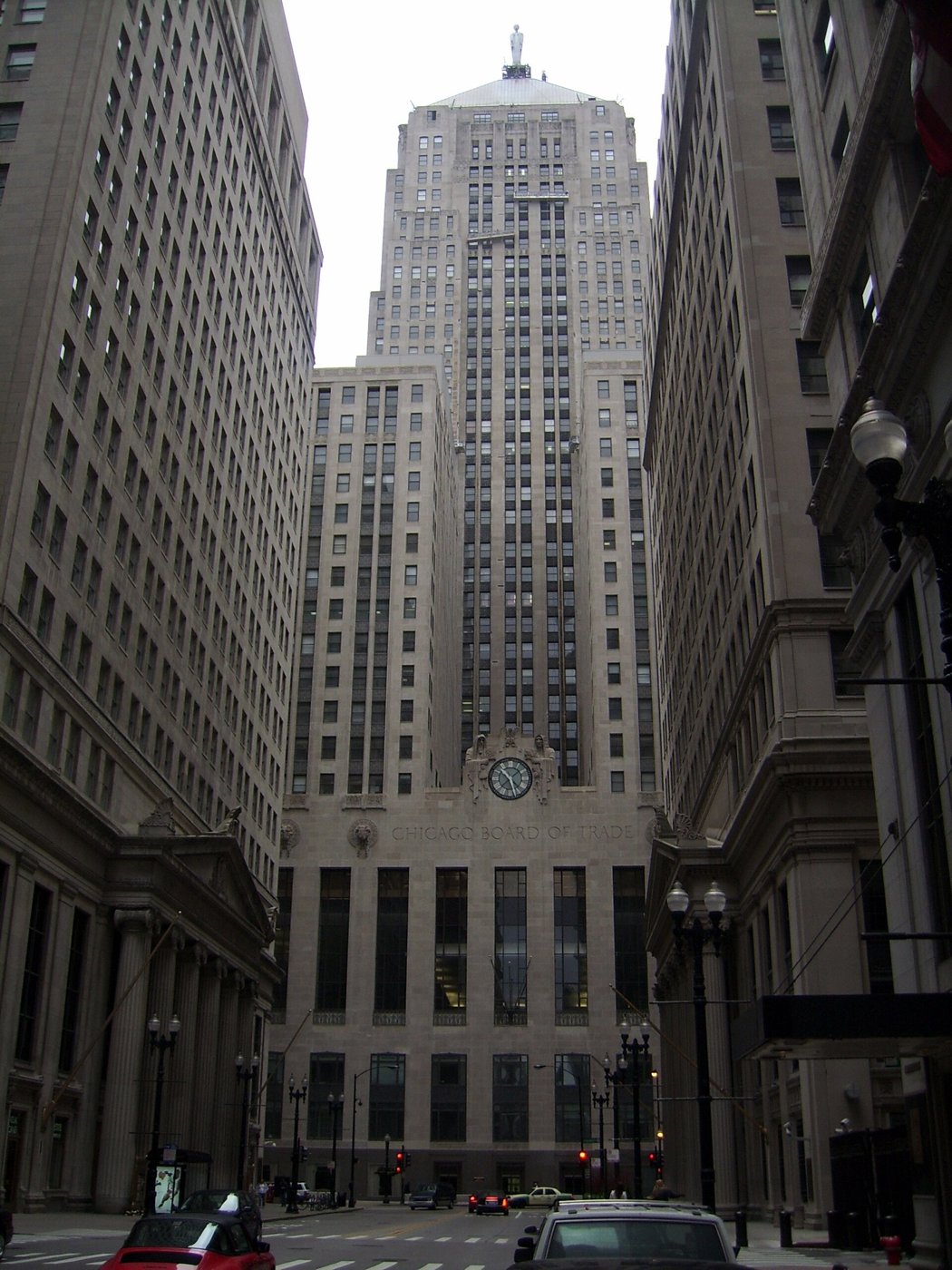 The Chicago Board of Trade building at the end of LaSalle Street