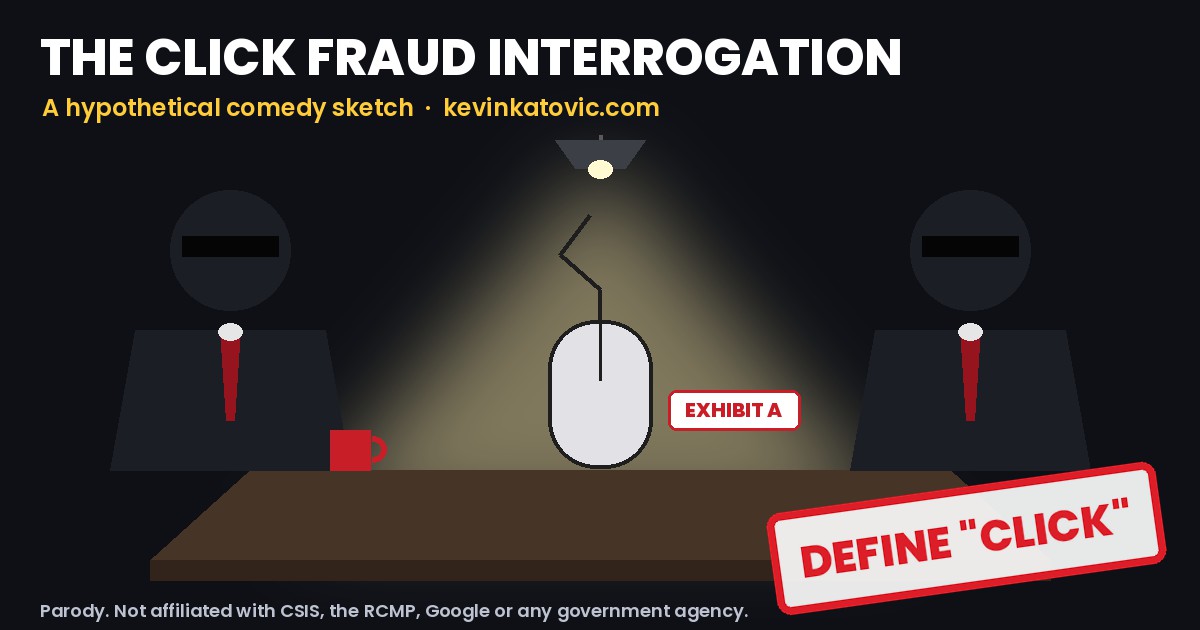 Cartoon interrogation room: two agents in sunglasses, a computer mouse under the lamp labelled Exhibit A, and a stamp reading Define Click