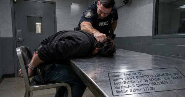Illustration of an interrogation room with a suspect at a steel table stamped with an Android phone's browser user agent
