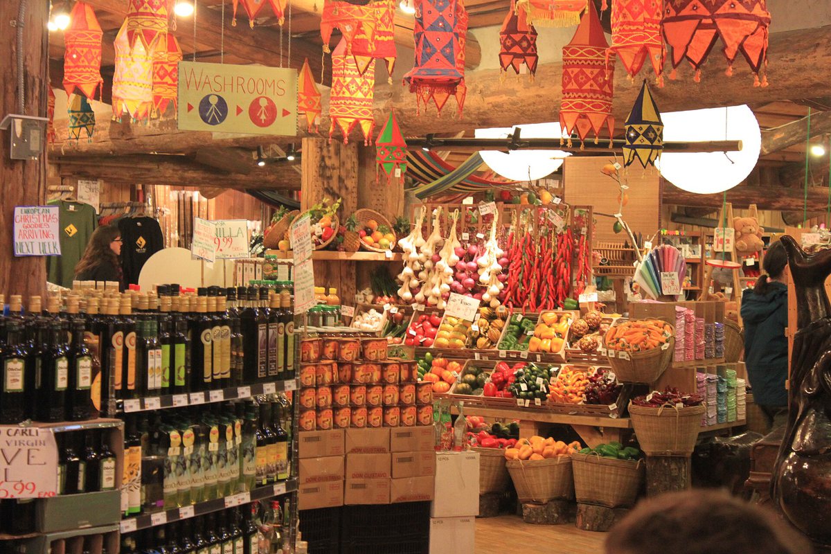 Inside the Coombs Old Country Market: imported foods, produce, wine and hanging lanterns