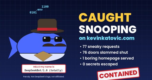 Cartoon whale in a fedora, sunglasses and fake moustache wearing a DeepSeekBot name tag, stamped CONTAINED