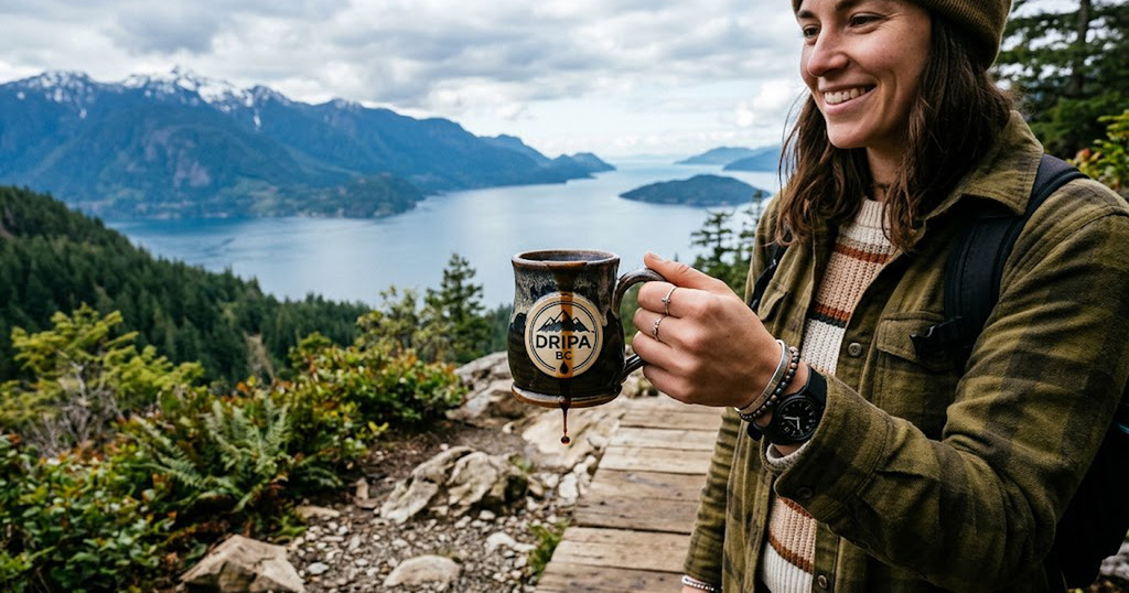 DRIPA BC: a hiker above Howe Sound in British Columbia holds a mug printed DRIPA BC, a play on the name of the Declaration on the Rights of Indigenous Peoples Act