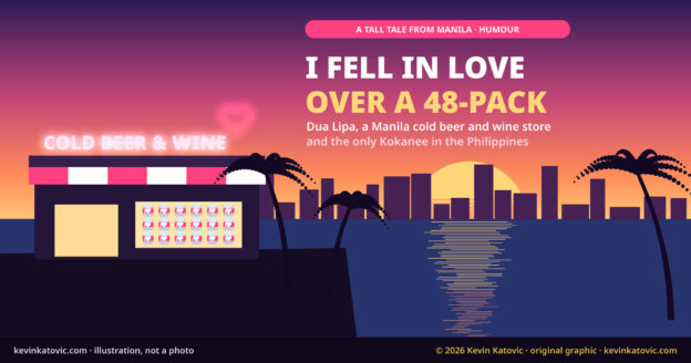 Illustration: a neon Cold Beer & Wine sign at sunset on Manila Bay with palm trees, for a tall tale about Dua Lipa and a 48-pack