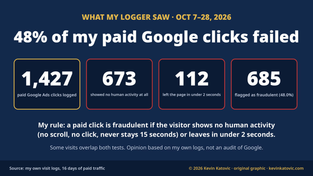 Click-fraud logger results: 1,427 paid Google Ads clicks logged from October 7 to 28, 2026; 673 showed no human activity, 112 left in under 2 seconds, 685 or 48 percent flagged as fraudulent
