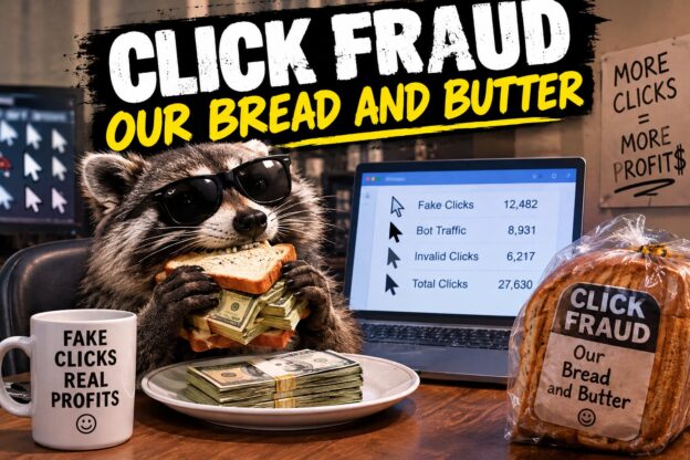 Satirical illustration: a raccoon in sunglasses eating a sandwich stuffed with cash beside a laptop showing fake clicks, bot traffic and invalid clicks, under the headline Click Fraud: Our Bread and Butter