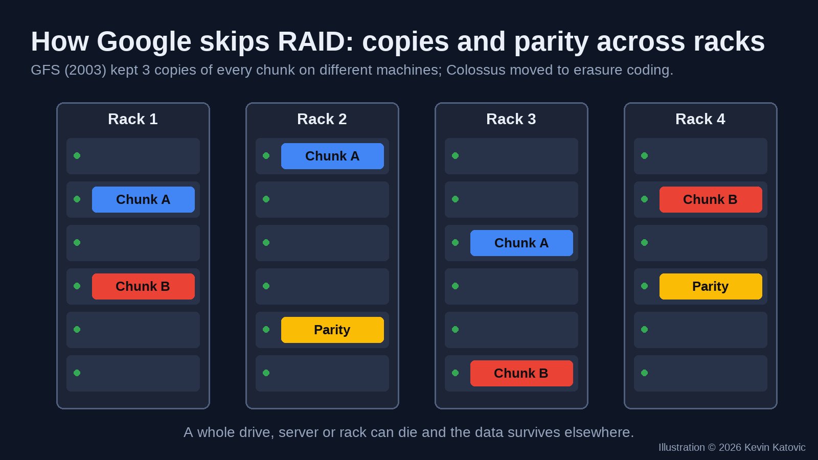 How Google-style storage spreads copies and parity across racks instead of RAID
