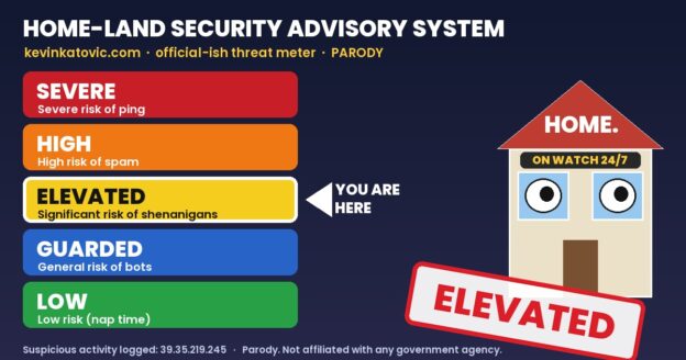 Parody HOME-land Security Advisory System meter set to ELEVATED, with a cartoon house keeping watch