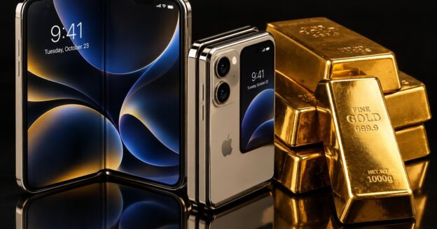 Illustration: the foldable iPhone Duo, open and closed, beside a stack of gold bars