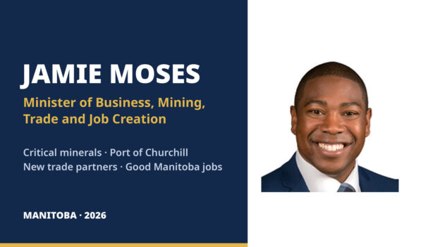 Jamie Moses, Manitoba Minister of Business, Mining, Trade and Job Creation, smiling in a navy suit beside his name and title