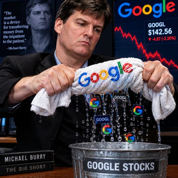 Satirical AI-generated illustration of a man resembling Michael Burry wringing a Google-branded towel into a bucket labelled Google Stocks, with a falling GOOGL chart and The Big Short books