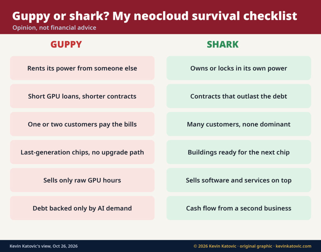 Guppy or shark neocloud checklist: own power, contracts longer than the debt, many customers, buildings ready for the next chip, software on top, and cash flow from a second business