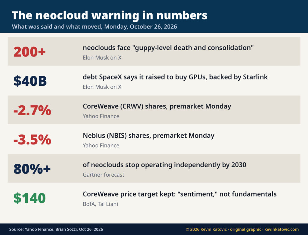 The neocloud warning in numbers: Musk says 200+ neoclouds face consolidation, SpaceX raised $40B in GPU debt, CoreWeave down 2.7% and Nebius down 3.5% premarket, Gartner sees 80%+ lose independence by 2030, BofA keeps a $140 CoreWeave target
