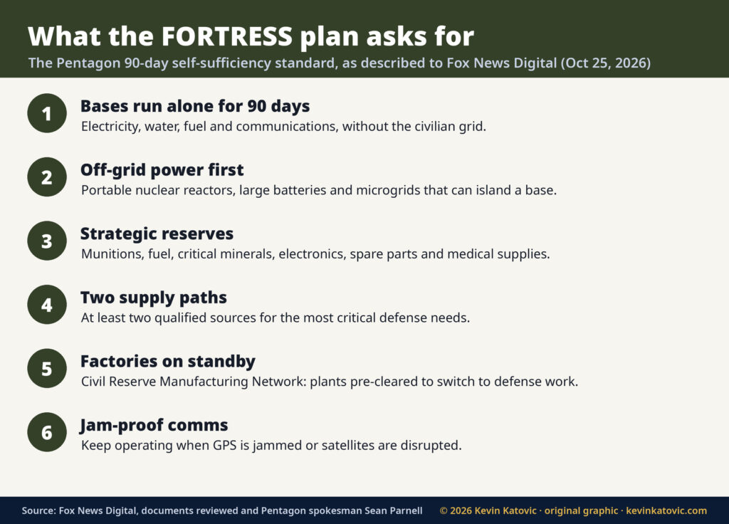 The six parts of the Pentagon FORTRESS plan: 90-day base self-sufficiency, off-grid power, strategic reserves, two supply paths, standby factories and jam-resistant communications