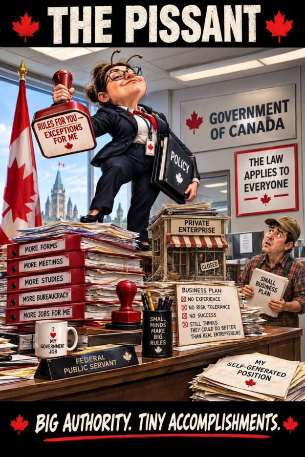 Cartoon of a smug bureaucrat with ant antennae standing on stacks of forms, holding a stamp reading "Rules for you, exceptions for me"
