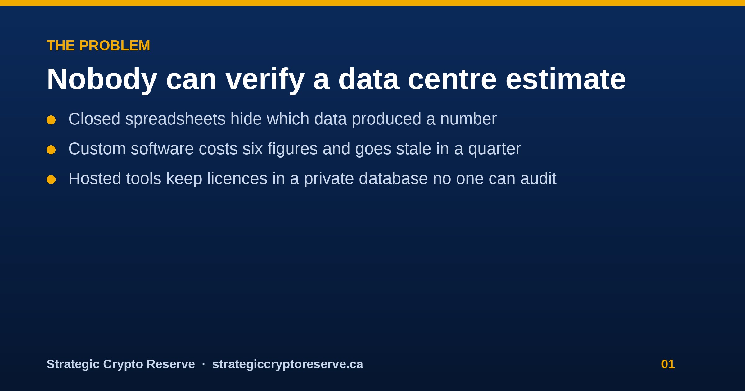 Pitch deck slide 1: the problem, nobody can verify a data centre estimate