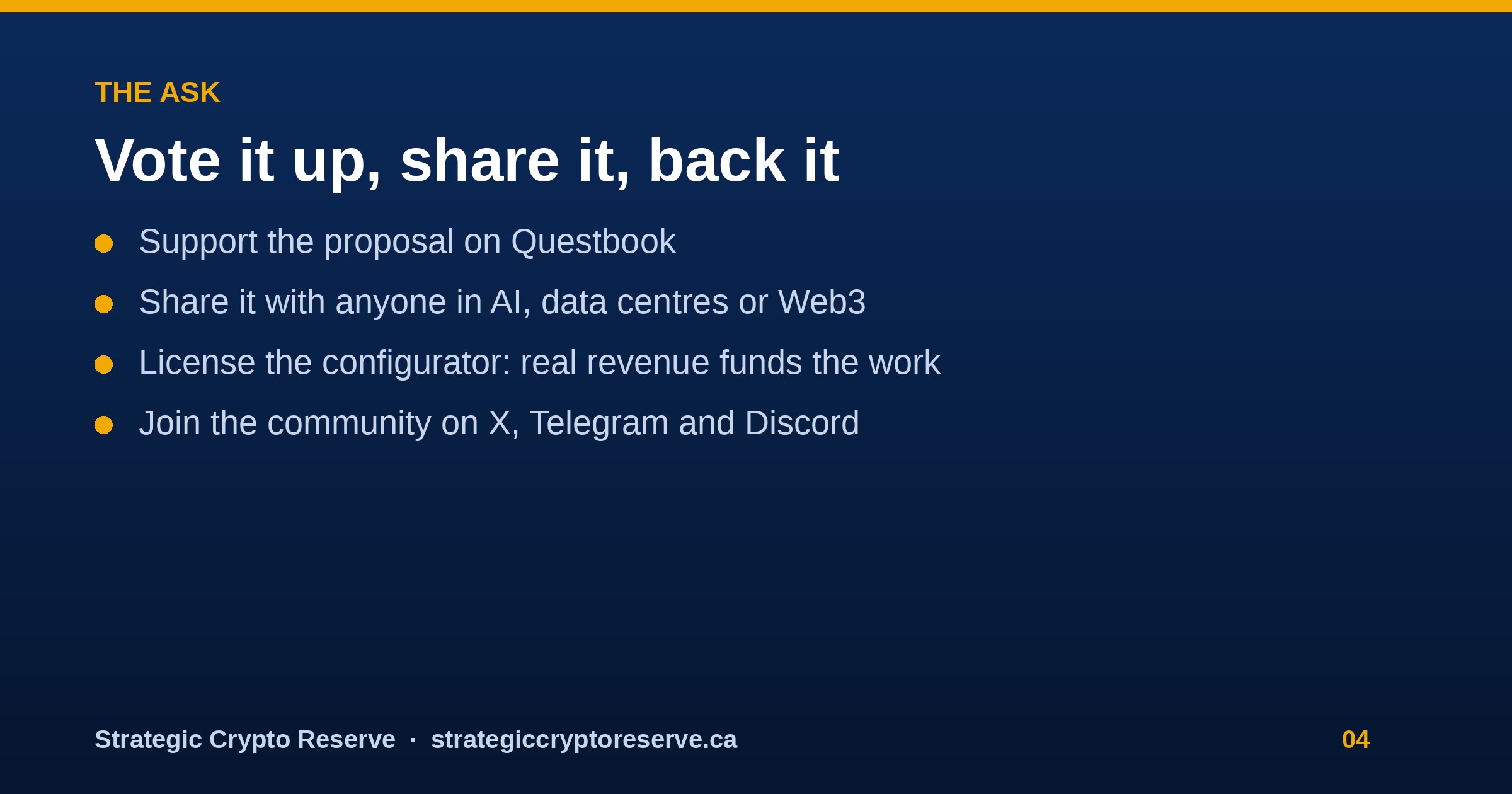 Pitch deck slide 4: the ask, vote it up on Questbook, share it, license it, join the community