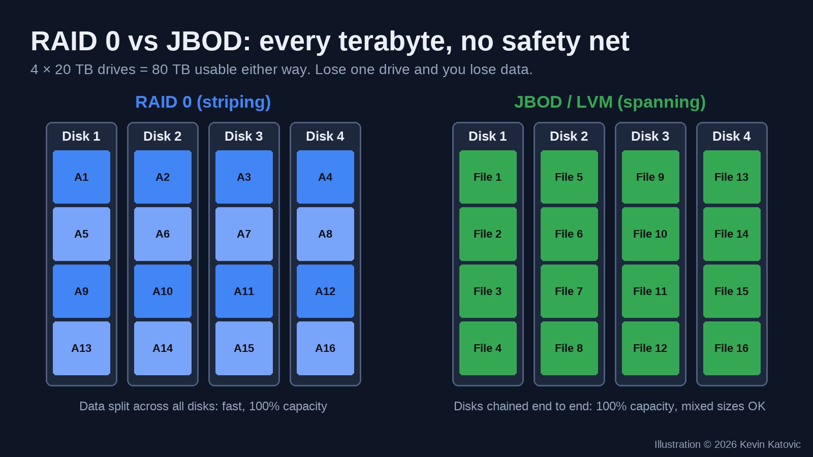 RAID 0 striping versus JBOD spanning across four hard drives