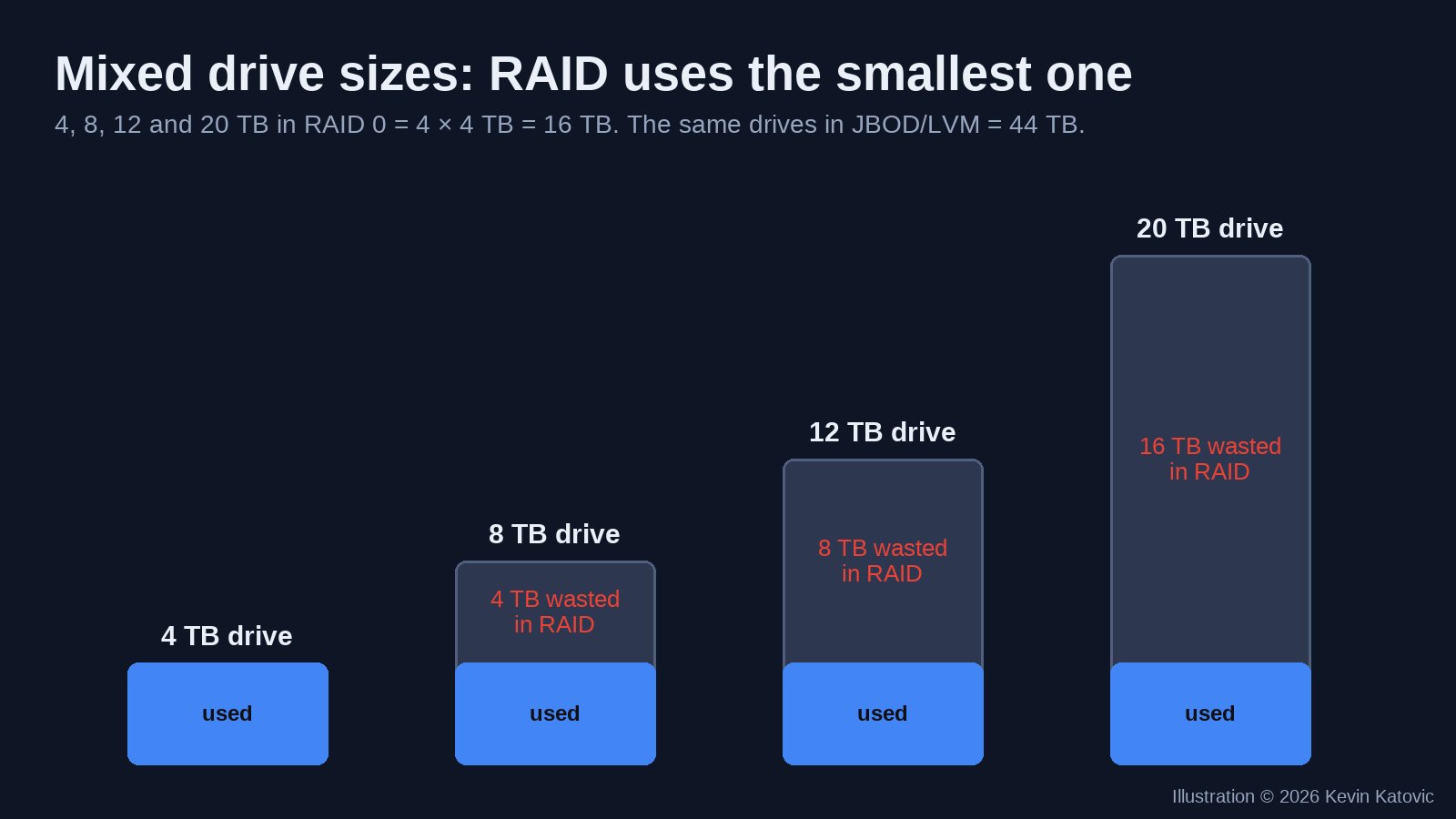 Mixed drive sizes in RAID are limited by the smallest drive