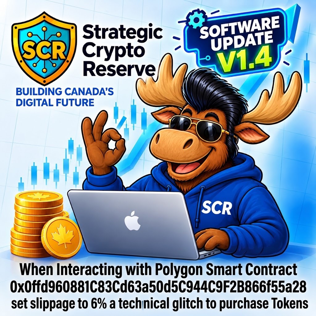 Strategic Crypto Reserve moose mascot at a laptop with the SCR Polygon contract address and 6% slippage note