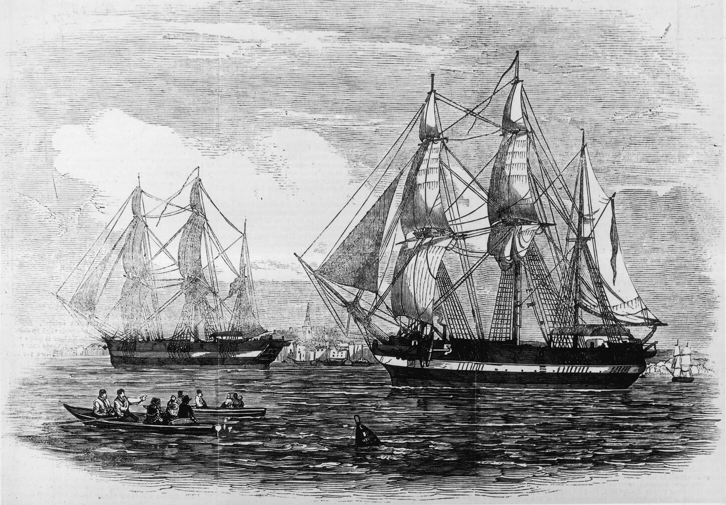 Engraving of HMS Erebus and HMS Terror departing England on the Franklin expedition in May 1845