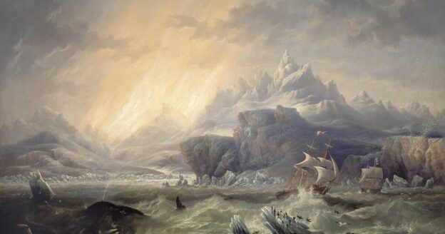 The Terror: painting of HMS Erebus and HMS Terror among icebergs by James Wilson Carmichael, 1847
