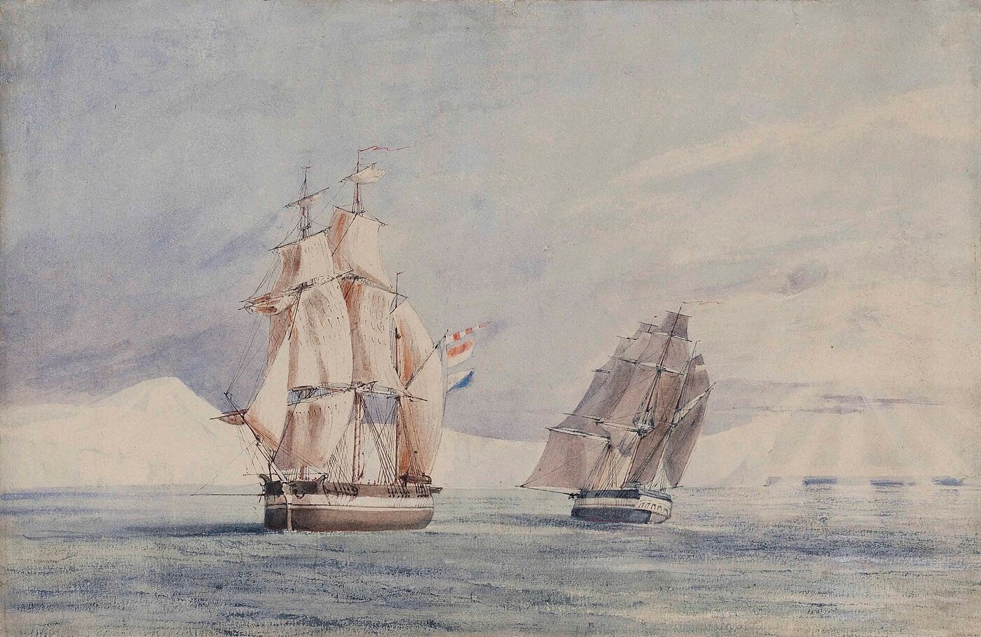 HMS Erebus and HMS Terror sailing in the Ross Sea, a watercolour by John Edward Davis, who served aboard The Terror