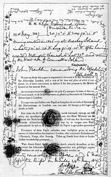 The Victory Point note left by the Franklin expedition, recording the abandonment of HMS Erebus and HMS Terror