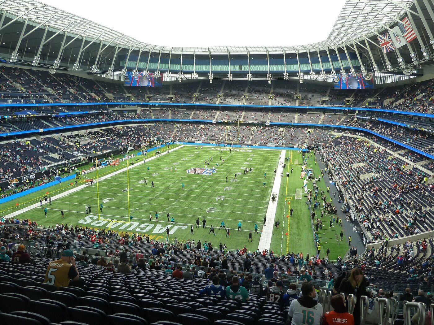 Tottenham Hotspur Stadium set up for an NFL game with a Jaguars end zone, the venue for Eagles vs. Jaguars in London