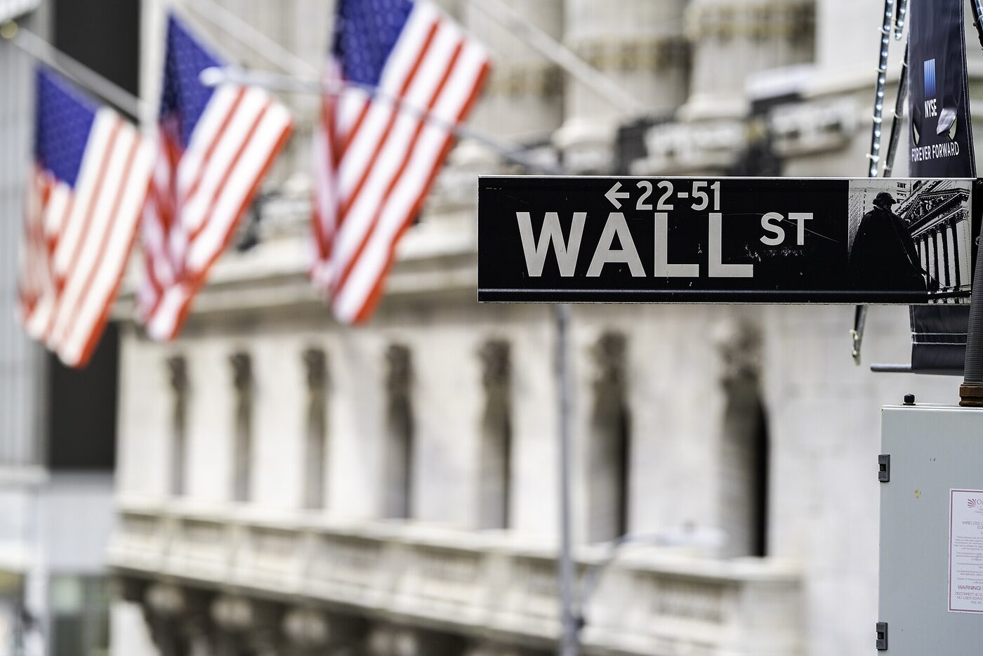 Wall Street sign and American flags outside the New York Stock Exchange on Columbus Day
